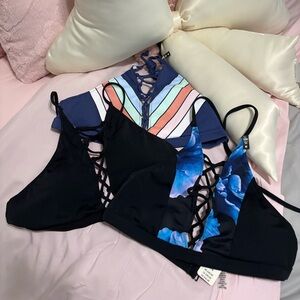 Victoria Secret Lace-Up Bralette Trio — Black, Navy Stripe & Blue Floral